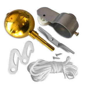 Flagpole accessory set with braided halyard, pulley truck, flag hooks, rope cleat and a gold-finish finial