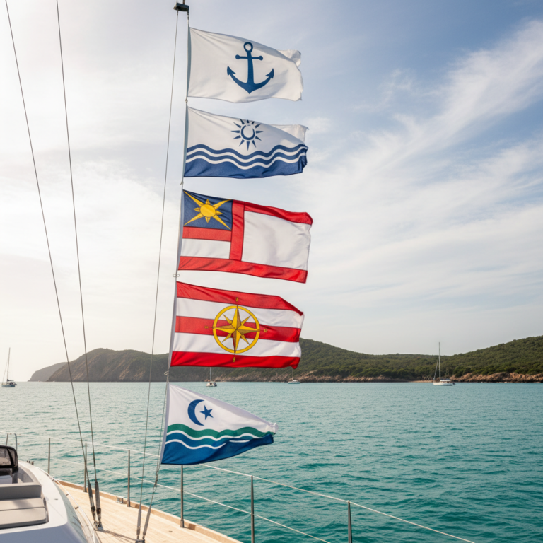 Marine boat flag hoisted on a yacht staff against open water
