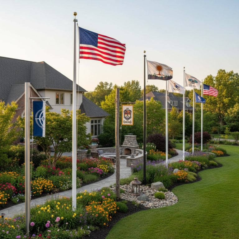 Flag poles for garden and outdoor spaces installed beside a landscaped lawn