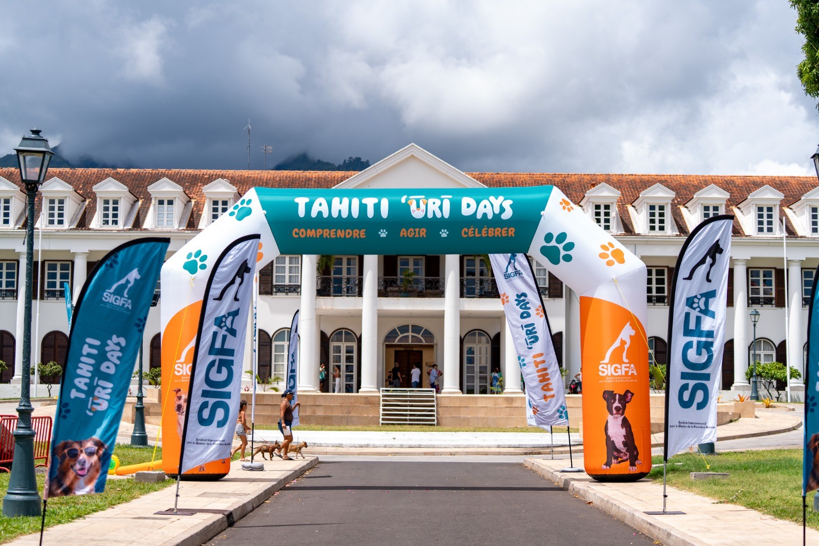 Inflatable entrance arch and two printed beach flags for an animal shelter adoption event in French Polynesia