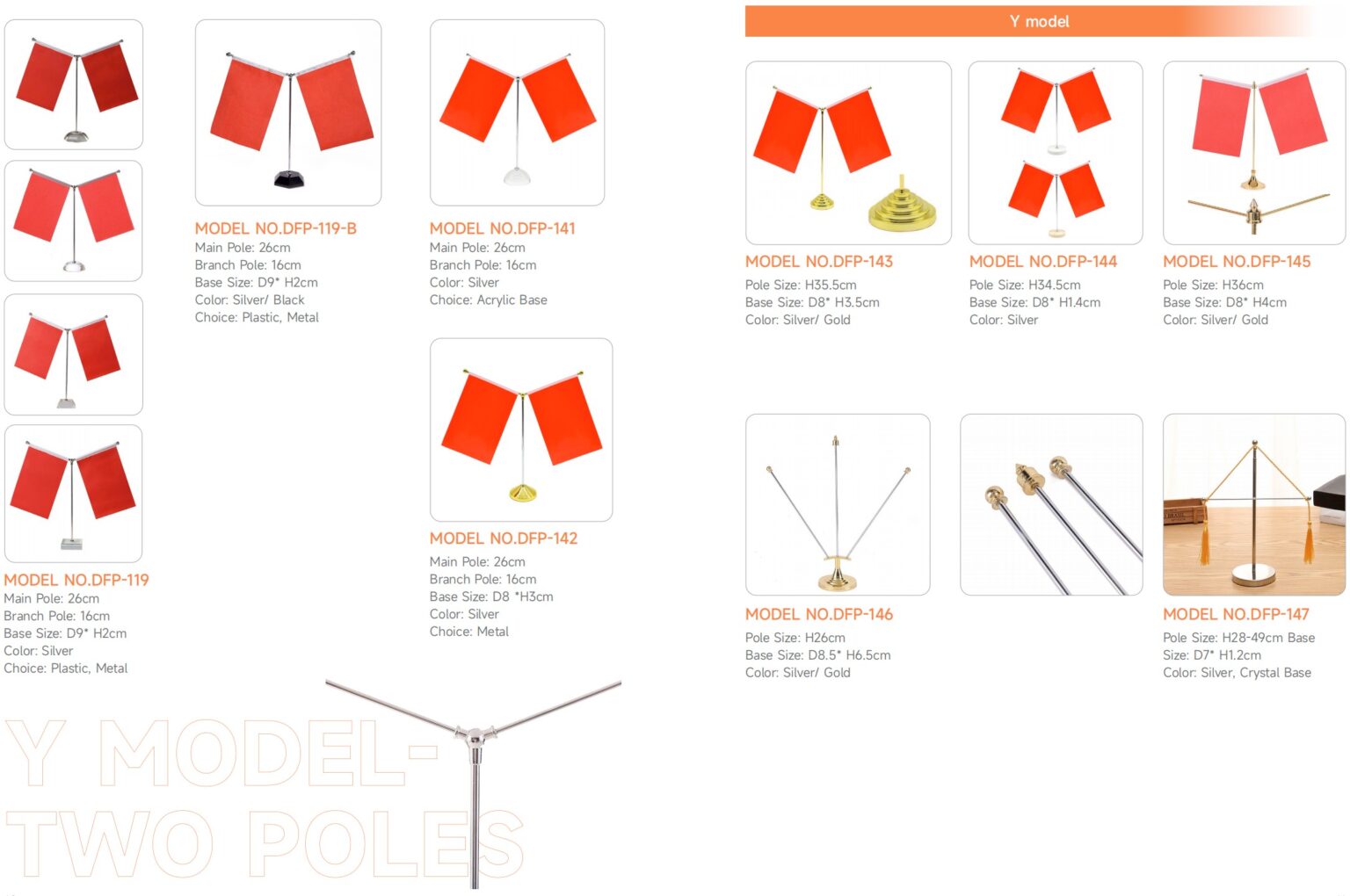 Table flagpole catalogue page showing double pole desk flag holders with flags