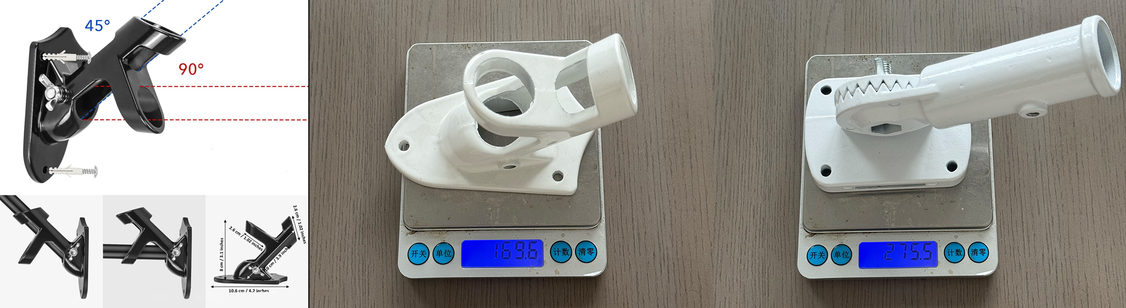 Wall mount flagpole bracket shown at 45 and 90 degree settings with its wall anchor bolt, beside brackets being weighed on a scale